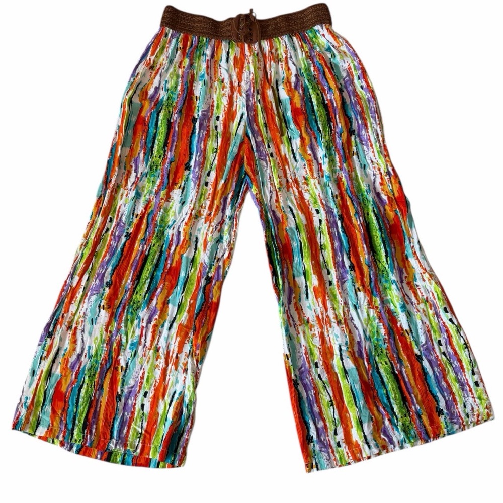 LESHOP Less Shop Colorful Abstract Wide Leg Pants‎ w Lace-Up Waist | Size Large